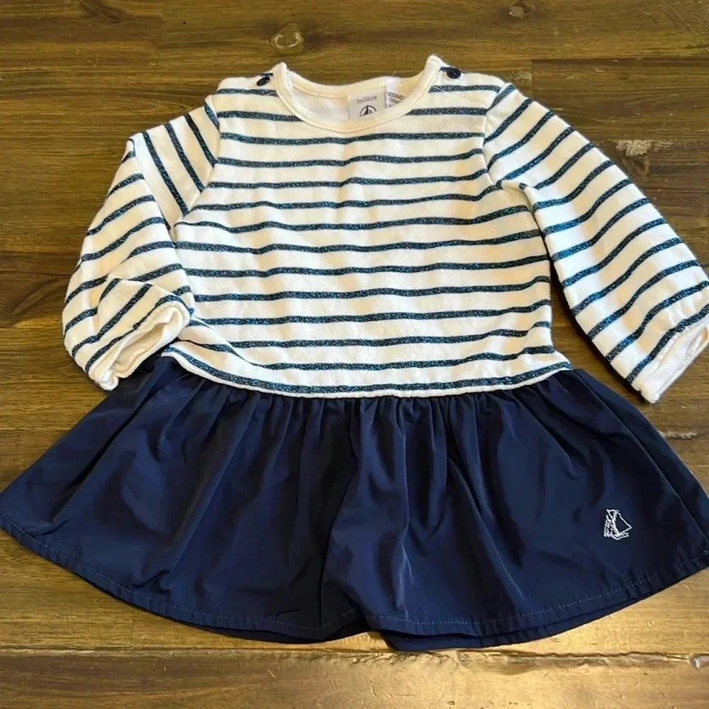Petie Bateau Striped Dress Long Sleeve Glitter Nautical Coastal Ruffle 3M